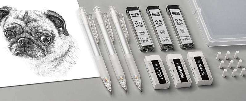 Four Candies Mechanical Pencil Set with Case - 3PCS Cute Pencils 0.5mm/0.7mm with 180PCS HB Lead Refills, 3PCS Erasers & 9PCS Eraser Refills, White Clear Mechanical Pencil for Students Drawing, Writing