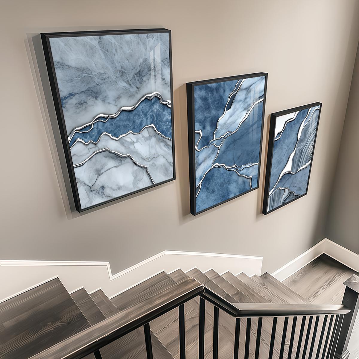 3 Counts Aluminum Alloy Framed Painting, Abstract Blue Marble Texture Art Pictures, Home Decoration For Living Room, Bedroom, Office, Restaurant, Hallway Wall Decor, Odorless Print Artwork, Luxury Perfect Gift For Friends And Family