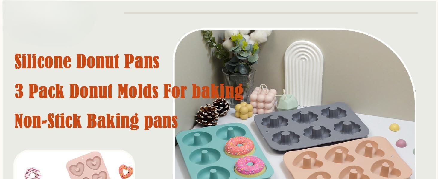 3 Pack Silicone Donut Pan for Baking, Non-Stick Doughnut Pan, 6 Cavity Heritage Bundtlette Cake Silicone Mold for Baking (Blue+Gray+Pink)