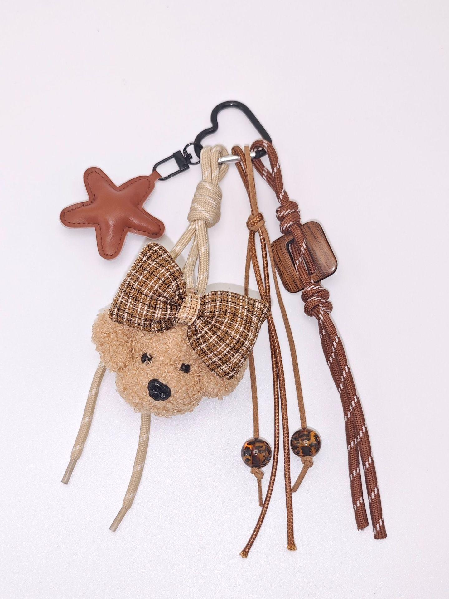 Cute Puppy Keyring Bow Dog Face Bag Purse Charm-Dog Keychain with Bow Tie, Keychain Kawaii, Dog Star Ornament,Beaded Accents Handmade Braided Rope Keyring,Cute Puppy Dog Pendant Charms Handbag Backpack Accessory for Pet Lovers Woman