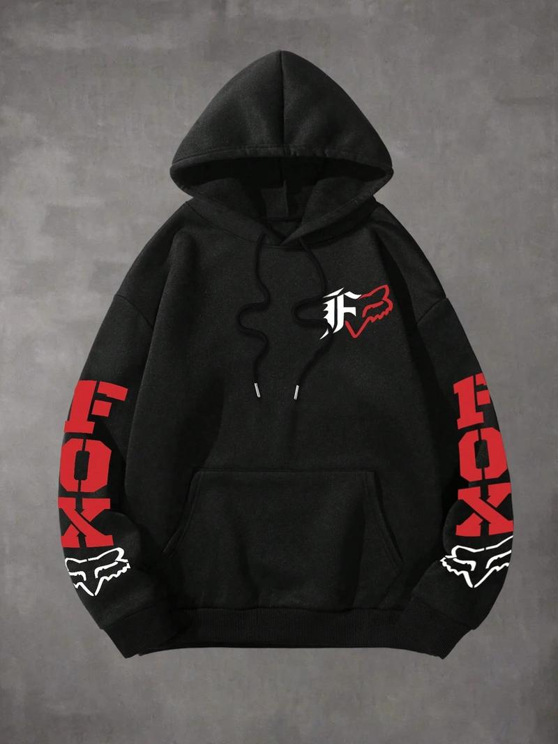 1 Piece Men‘s Fox Racing Graphic Hoodie, Bold Red and White Logo Print, Streetwear Style for Casual Daily Wear and Outdoor