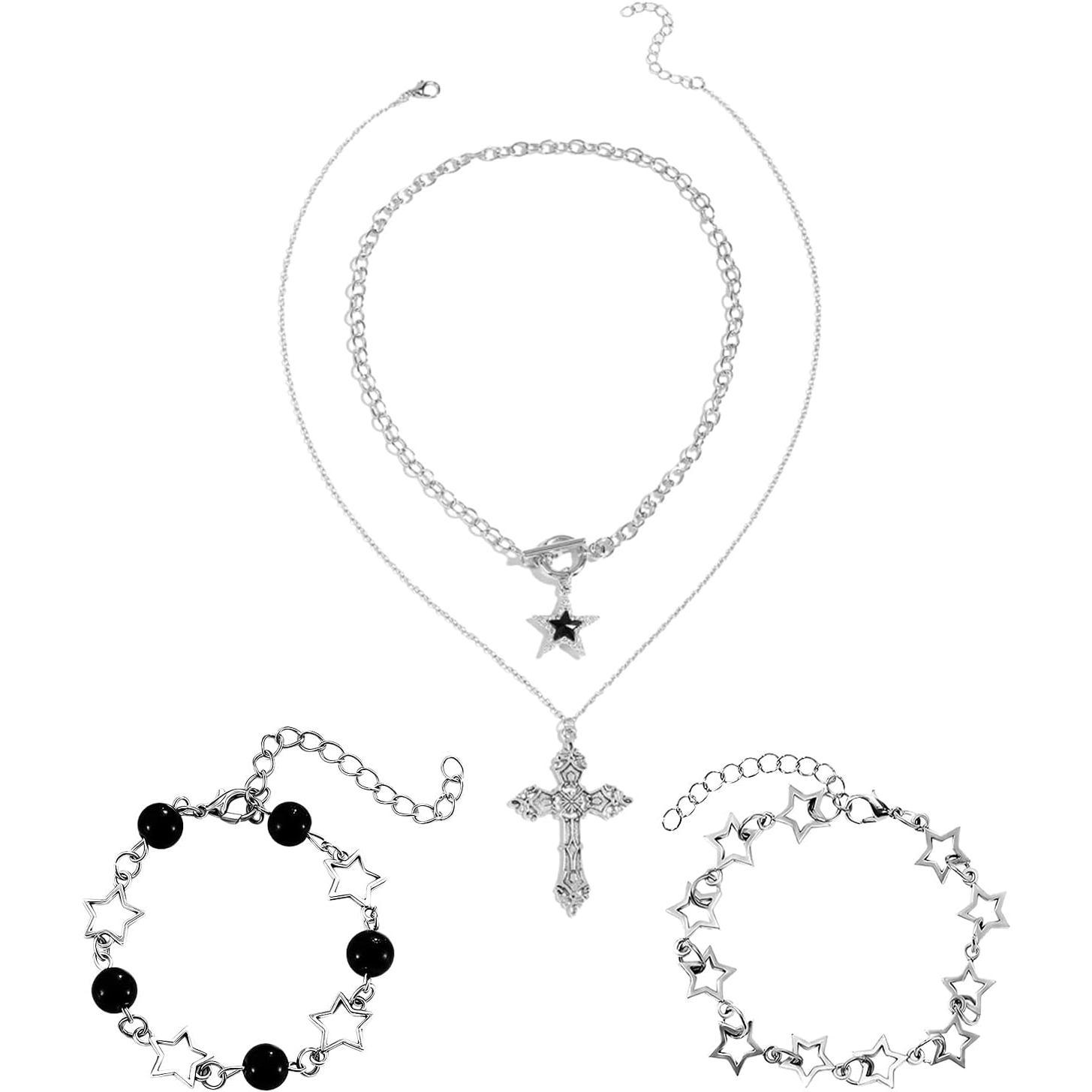 12 count Y2k Accessories Set Grunge Layered Necklace, 3  Chains with 6 Rings    for Women
