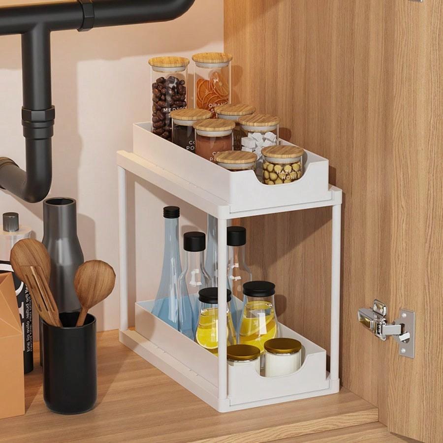 Adjustable Storage Rack, Single and Double Layer Sink Under Cabinet Organizer, Pull-Out Metal Kitchen Bathroom Shelf, Cleaner Supplies Organizer
