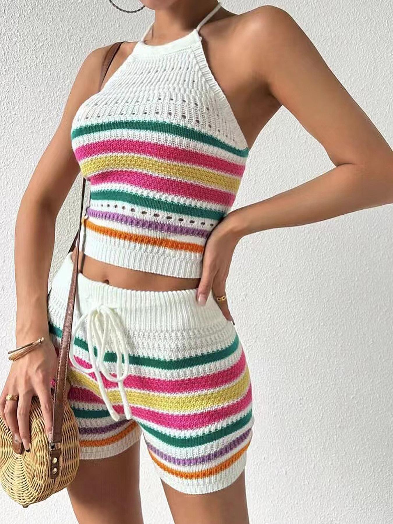 Women's Striped Print Backless Crop Top & Drawstring Waist Shorts Two-piece Set, Boho Fashion Casual Sleeveless Top & Shorts for Beach Holiday Vacation, Ladies Summer Clothes, Womenswear