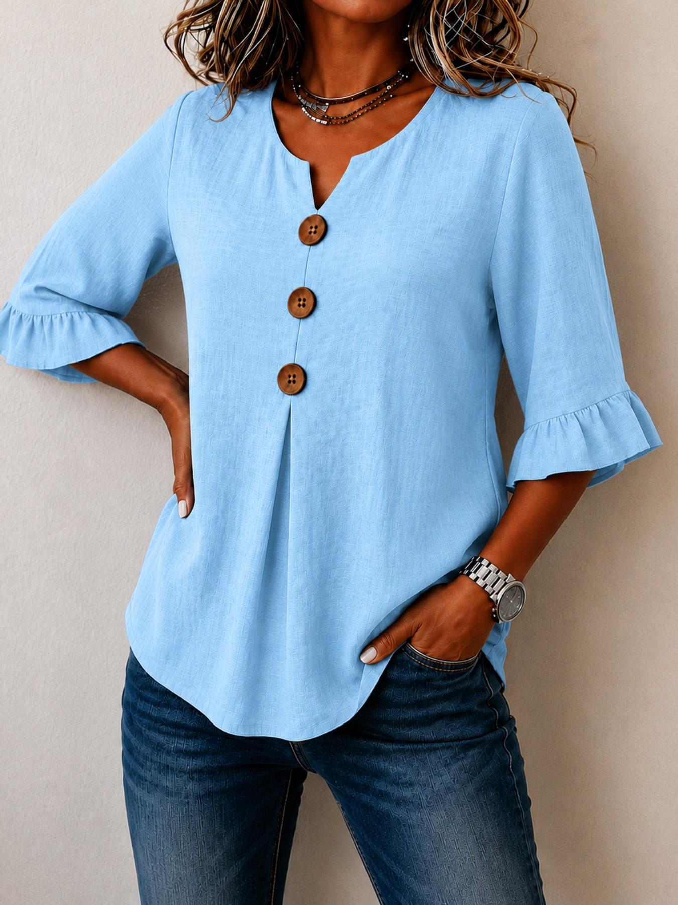 Women's Plus Size Solid V-Neck Shirt, Loose-Fitting Ruffle Sleeve Button-Up Top, Casual Vacation Wear, European and American Style