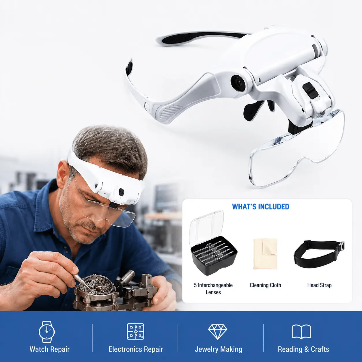 Head Mounted Magnifier with LED Illumination Adjustable Headband Magnifier 5 Interchangeable Lenses 1.0X 1.5X 2.0X 2.5X 3.5X Magnifying Glass for Reading Jewelry Processing Electronics Repair Model Making Handcraft Maintenance