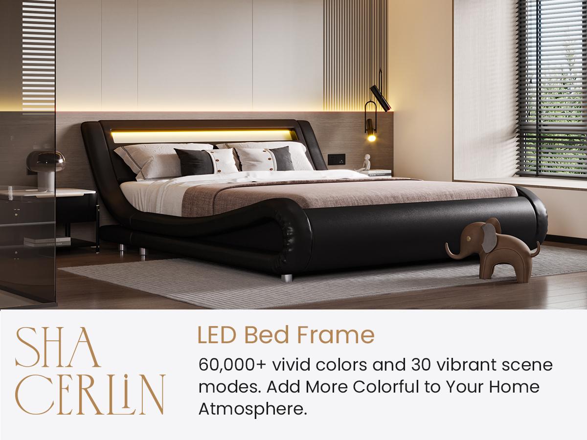 SHA CERLIN Deluxe LED Bed Frame with PU Leather Upholstered Adjustable Headboard,Modern Low Profile Sleigh Design,Heavy Duty Wood Slat Support,No Box Spring Needed,Full/Queen/King Size#ChristmasGifts#TikTokShopBlackFriday