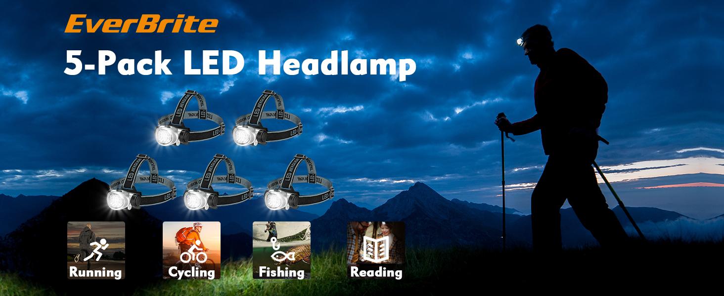 #JumpstartSale EverBrite 5-Pack LED Headlamp, 4 Lighting Modes, Pivoting Head with Adjustable Headband, Perfect for Running, Camping and Hiking, Batteries Included