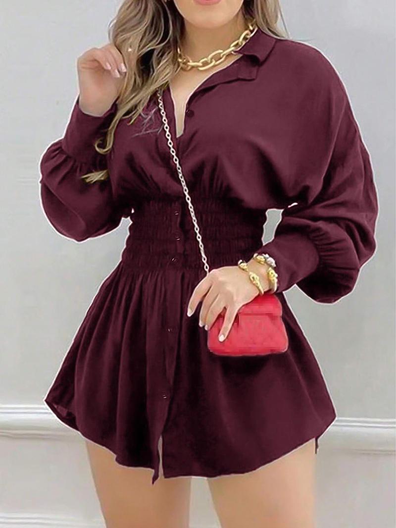Women's Fashion Solid Color Long Sleeve Dress with Shirred Waist, Elegant Casual Style, Perfect for Spring & Fall