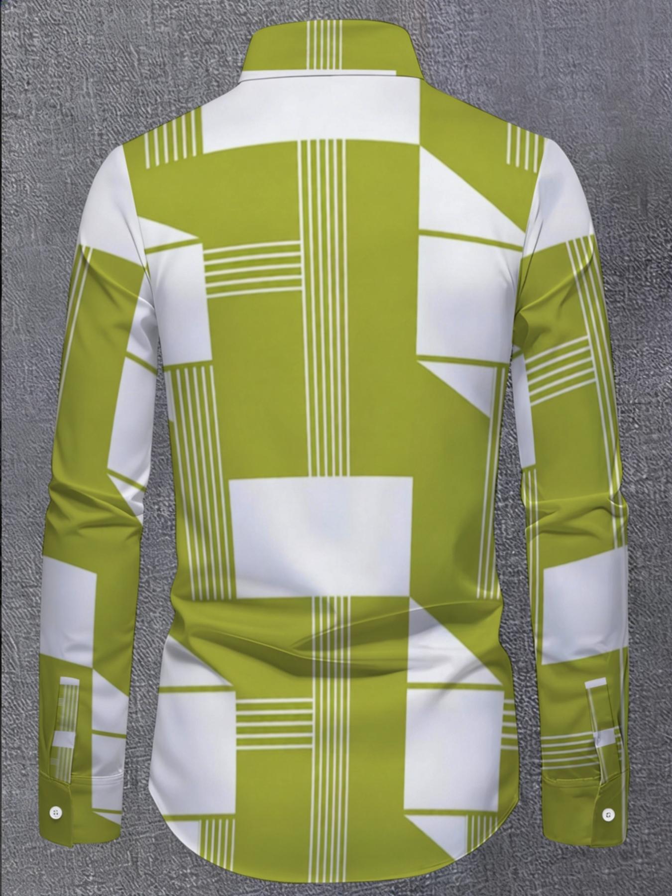 Men's Green Spliced Striped Long Sleeve Shirt, Business Casual Slim Fit, Trendy Plaid Design Men's Top