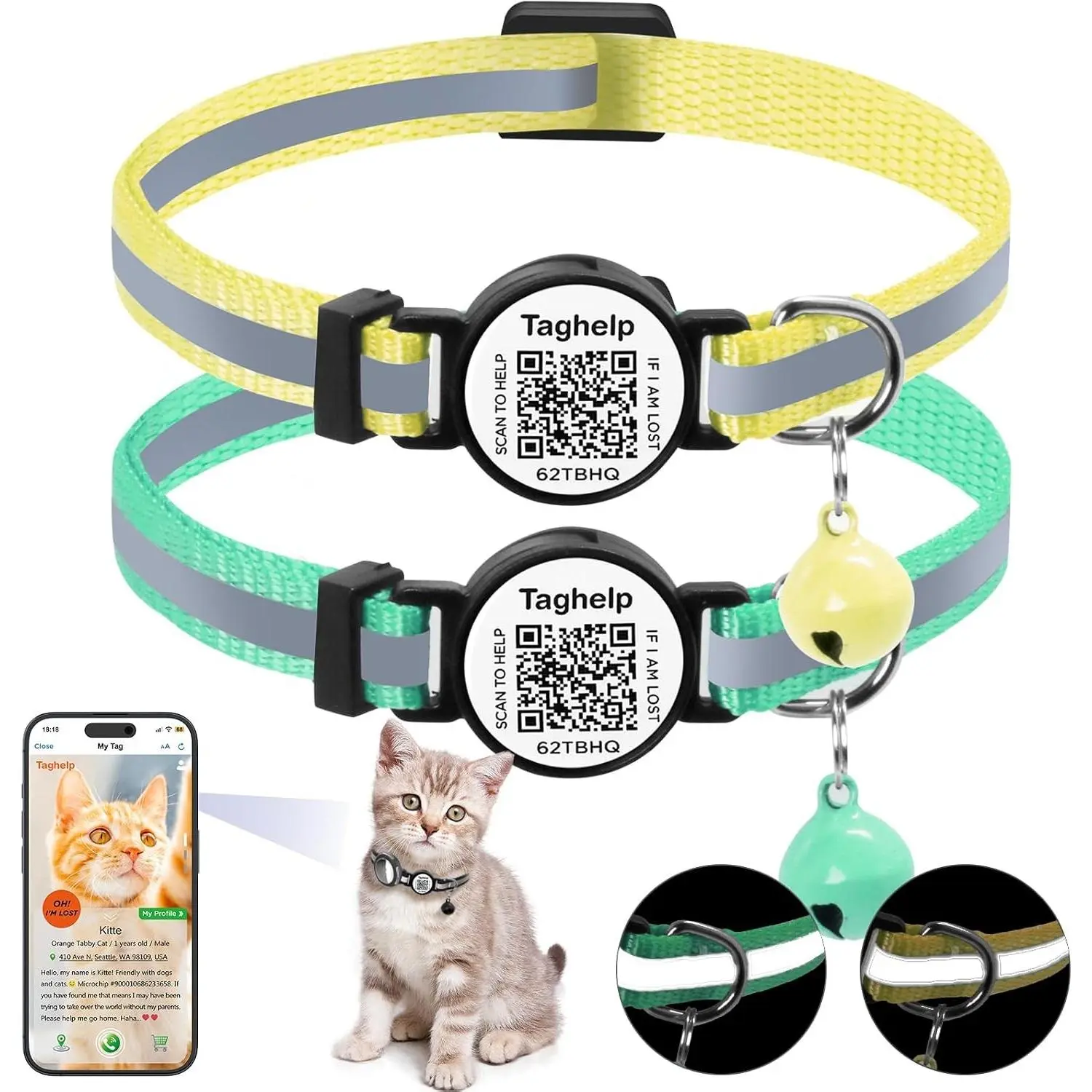 Smart QR Code Cat Collar 2-Pack, Breakaway Reflective Collar with Digital ID Tag - The Smart Upgrade to Personalized Name Collars, Adjustable with Bell (Yellow & Green)
