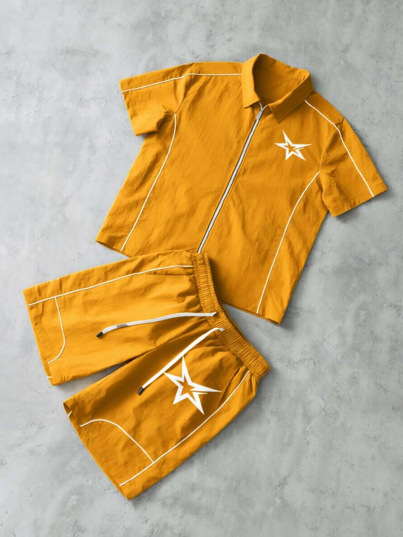 Stars Pattern Casual Set Short Sleeve Zipper Shirt + Gym Shorts Two-Piece Set, Breathable Comfort Spring Summer Daily Wear