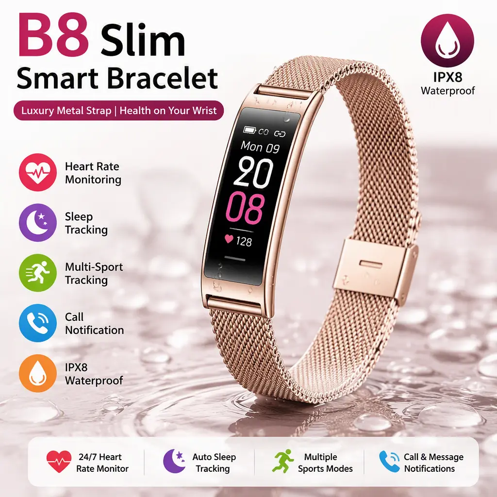 Luxury B8 Smart Fitness Bracelet, IPX8 Waterproof Activity Tracker, Heart Rate Sleep Monitor Multi‑Sport Modes Smart Wrist Watch for Women Men