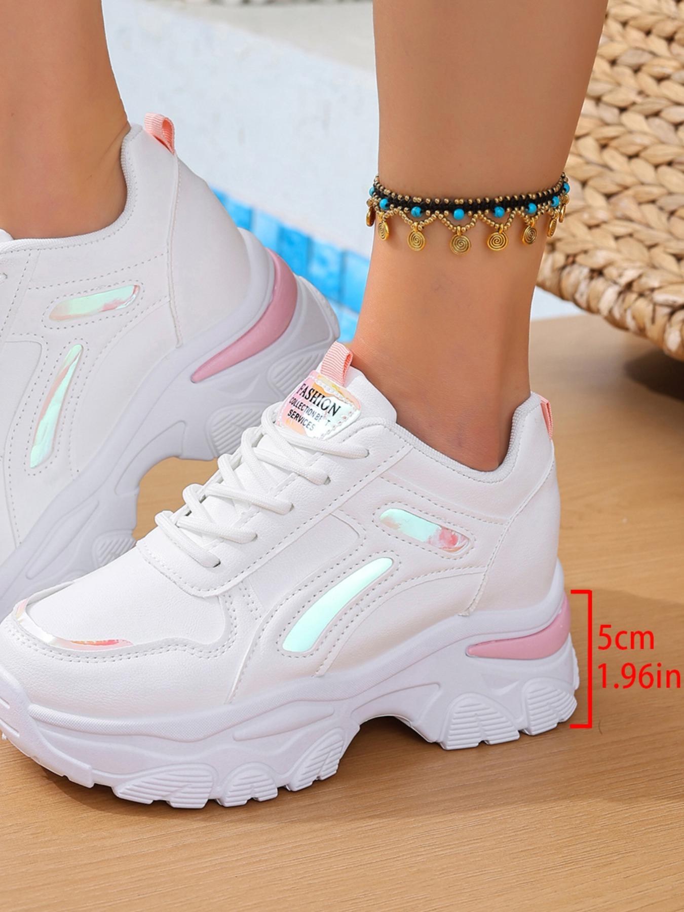 Women's Colorblock Chunky Sneakers | White Pink Casual Platform Shoes | Comfortable Breathable Height Increasing Trainers for Ladies | Trendy OOTD Streetwear Sneakers for Four Seasons.