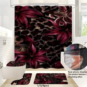 JIT 1/3/4 pcs Bathroom Set - Purple Lily and Golden Leopard Pattern Bathroom Decor Set - Bathtub Cover, Bath Mat, Shower Curtain, 12 Hooks, Suitable for Bathroom Home Decoration