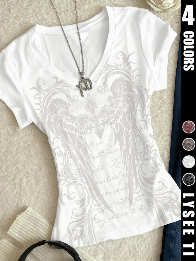 26 Valentine's Day wing print retro y2k trendy fashion women's V-neck short sleeved T-shirt