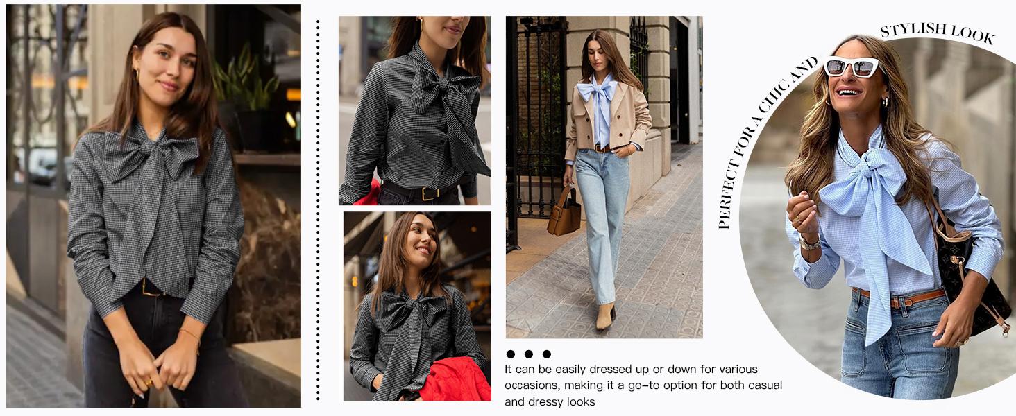 Cicy Bell  Women's Plaid Shirt with Bow Tied Neck Button Down Long Sleeve Fitted Casual Dressy Blouse Tops in Brown for Any Occasions Elegant Womenswear Valentine's Day