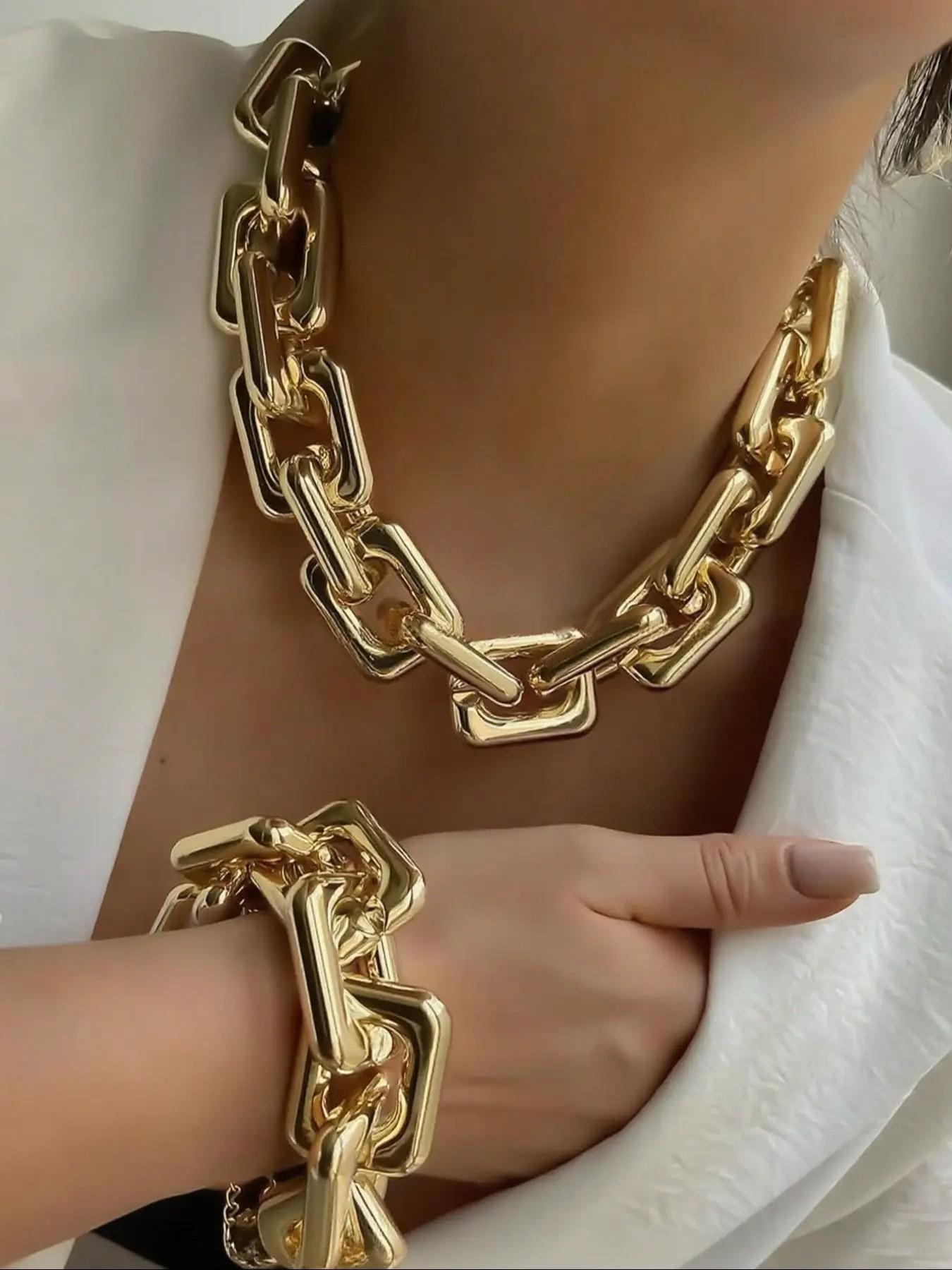 Luxury Oversized Cuban Link Chain Jewelry Set for Women, Thick Gold Plated Statement Necklace & Bracelet, Bold Streetwear Hip Hop Style, High Shine Chunky Chain Accessories for Party Club Daily Outfit, Trendy Fashion Gift for Her