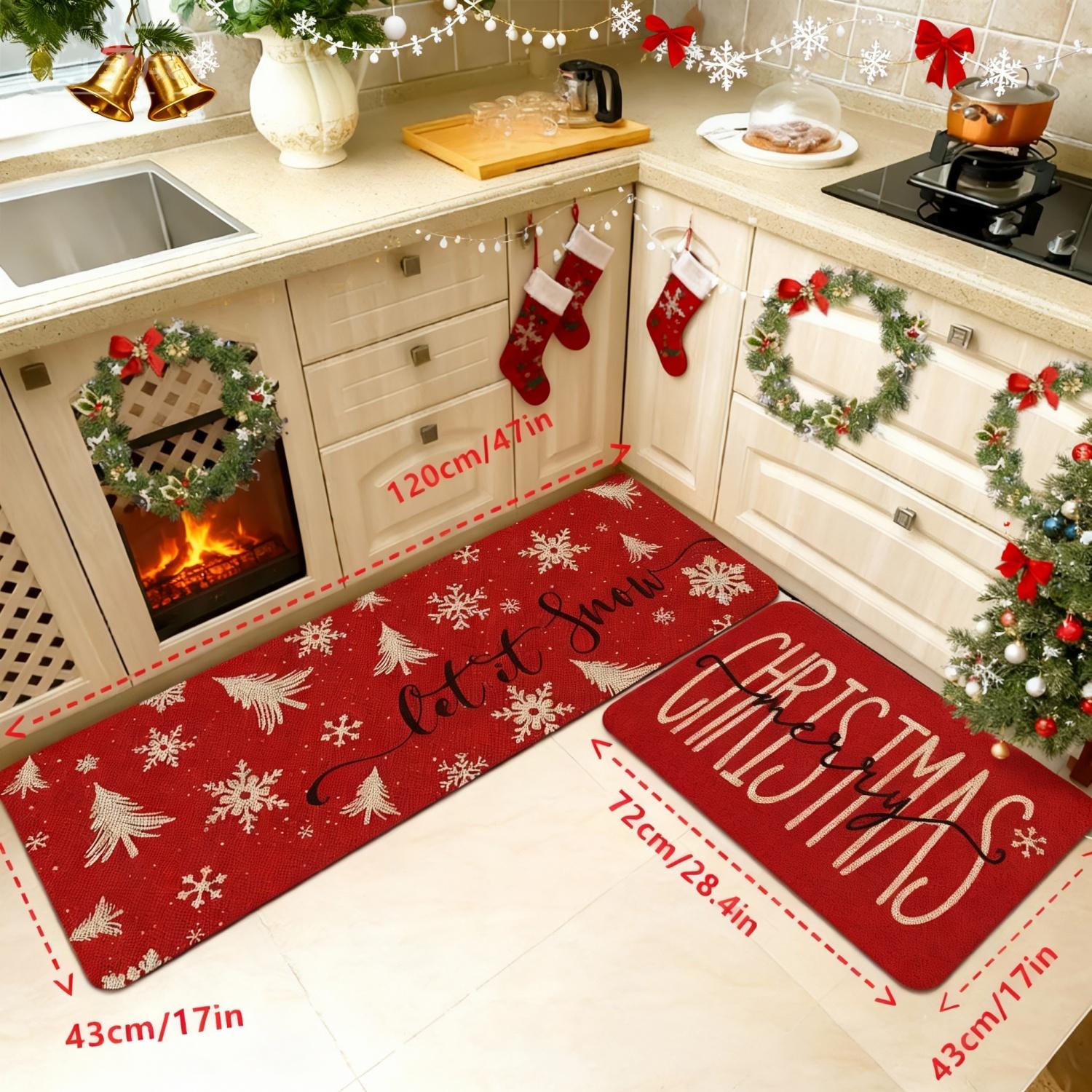 2 Counts Christmas Kitchen Rug Set, Santa Gingerbread Man Christmas Tree Dwarf Gnomes Pattern, Non-Slip Soft Low Height, Holiday Party Floor Mat Home Decor, Home Decor Rugs