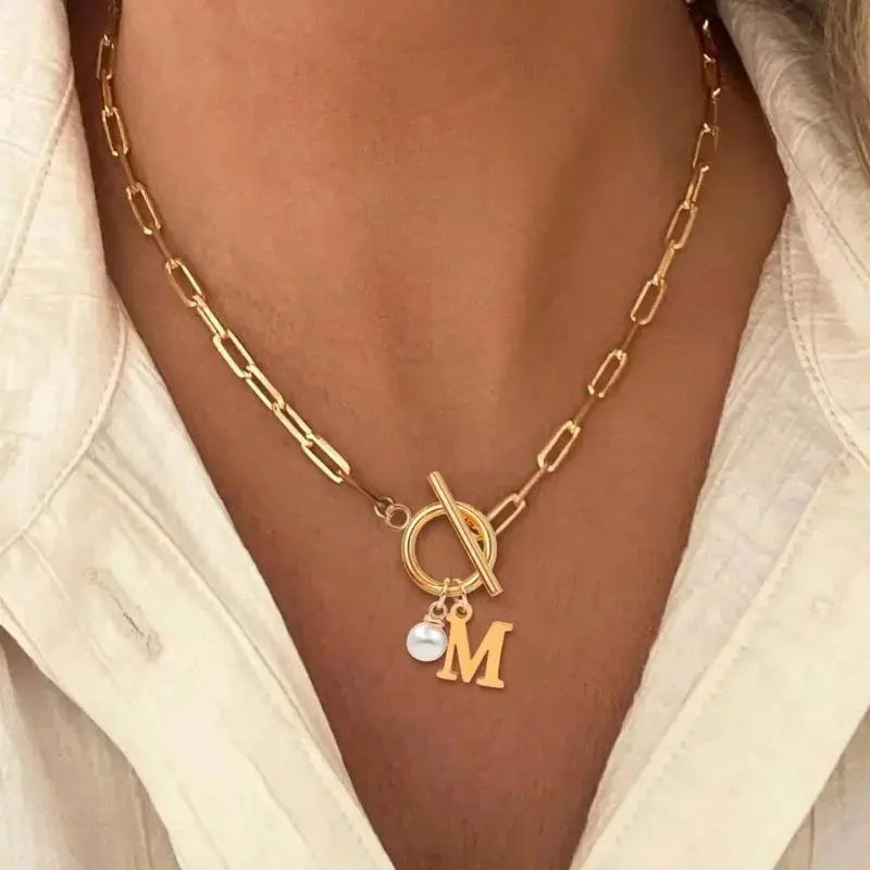 Women's Gold Paperclip Chain Initial Necklace - Toggle Clasp Pendant Necklace with Dainty Pearl & Letter Charm, Trendy Chunky Link Choker Jewelry for Daily Outfits, Birthday & Anniversary Gifting
