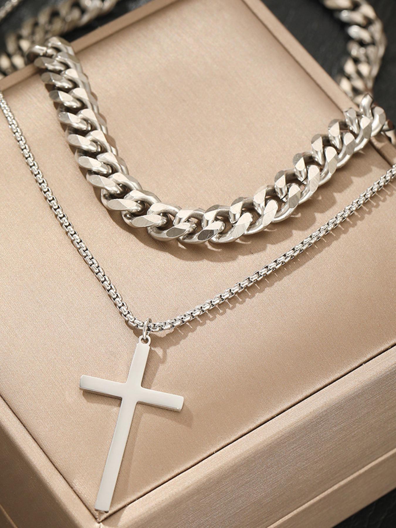 Men's Stainless Steel Jewelry Set, Punk Style Cross Necklace & Bracelet, Streetwear Accessories for All Seasons, Perfect Gift for Him