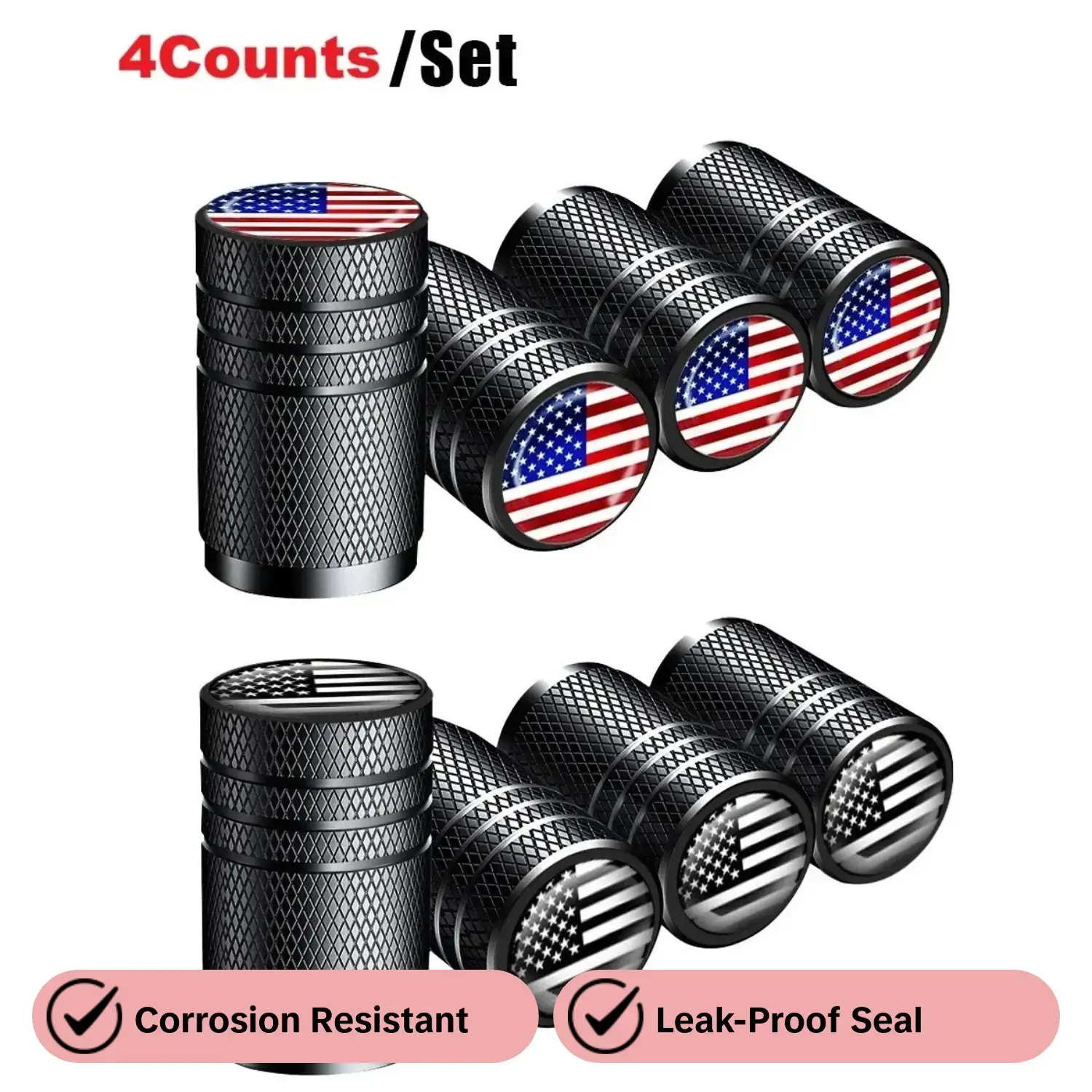 Tire Valve Stem Cap Cover, Tire Air Cap Metal with Plastic Liner Corrosion Resistant Leak-Proof American Flag for Car Truck Motorcycle Bike - Tire Caps (4 Pack)
