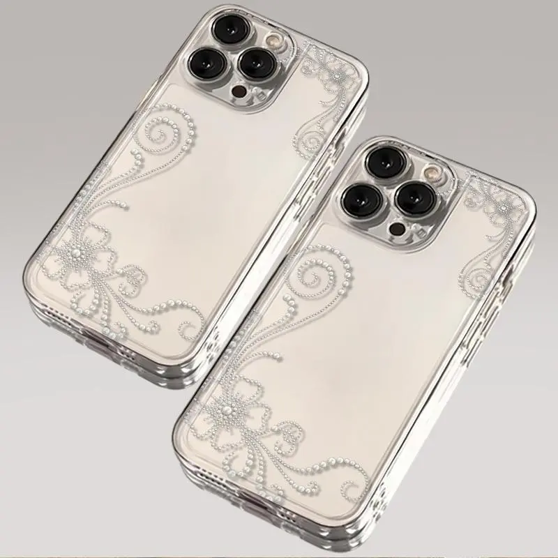 Elegant Pearl Floral Swirl Pattern Clear Space Phone Case for iPhone, Precise Cutout Transparent Shockproof Protective Cover, Slim Soft TPU Bumper Hard PC Back Case for Women