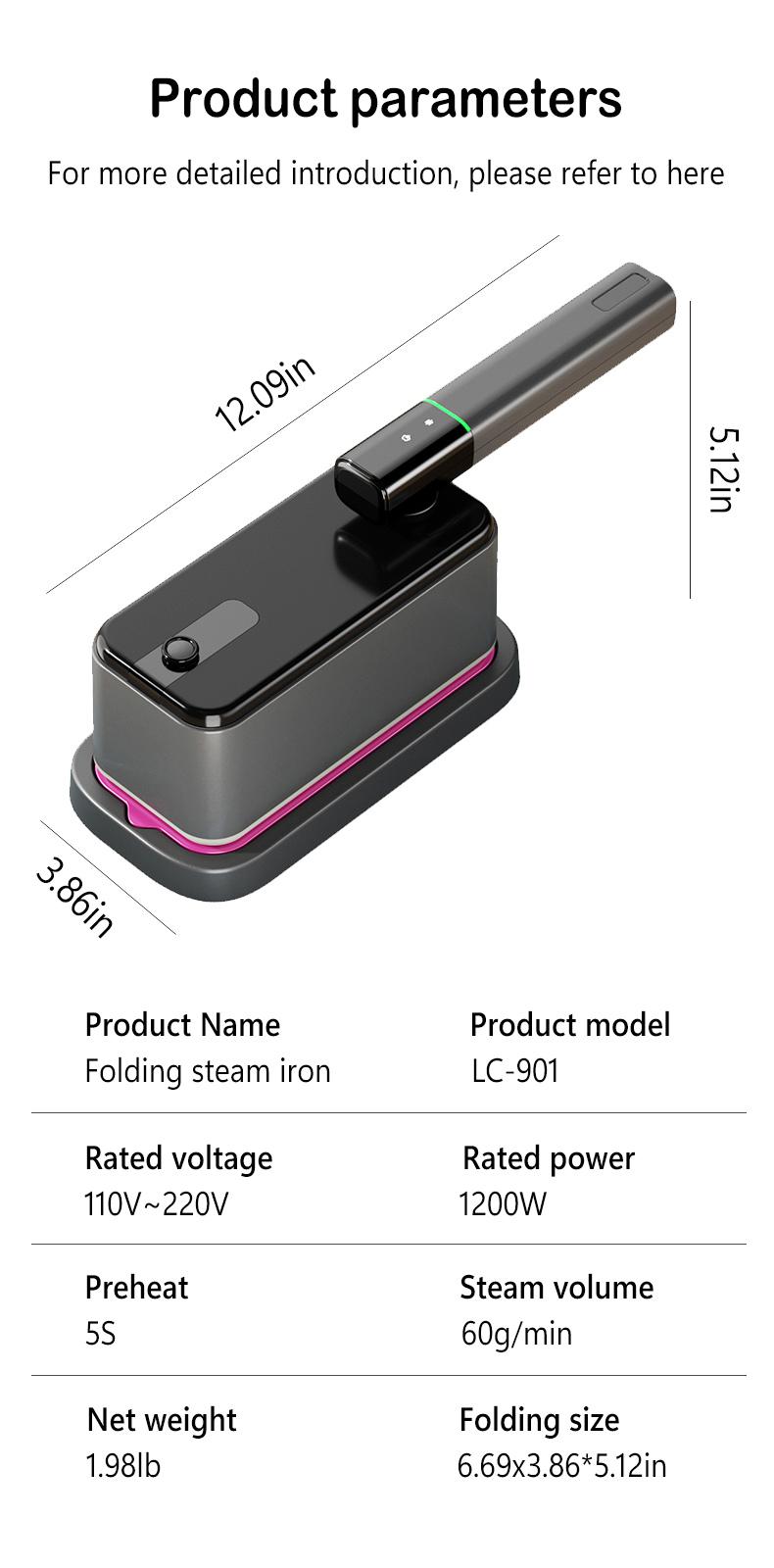 folding ironing machine, Oversized ironing panel,110-220V Wide Voltage, volume 60g/min,  pressure40kPa,steam level Handheld Clothing Steamer Appliance