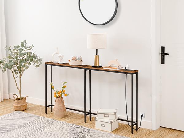 HOOBRO 63" Sofa Table with Charging Station，Narrow Console Table with Power Outlets, 5.9" Skinny Console Table, Slim Entryway Table