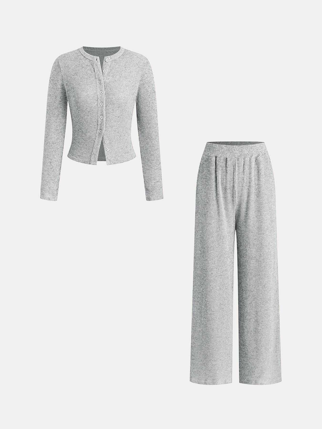 Women's Autumn Winter 2-Piece Set, Casual Aesthetic Round Neck Knitted Cardigan with Buttons & Loose-Fit Pants