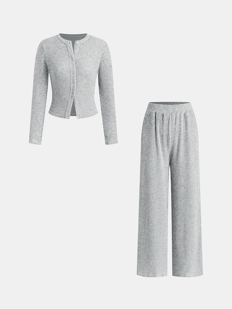 Women's Autumn Winter 2-Piece Set, Casual Round Neck Knitted Cardigan with Buttons & Loose-Fit Pants