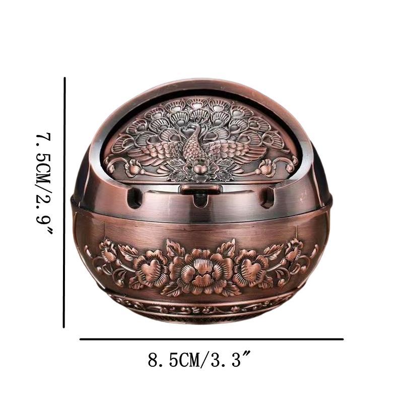 Vintage Metal Peacock Pattern Ashtray Portable Travel Pocket Size Reusable Smokeless Decorative Ash Holder Durable Waterproof Stylish Retro Art Ornament Multifunctional Essentials for Home Office Bar Outdoor Patio Camping Travel Indoor Desktop Table Decor