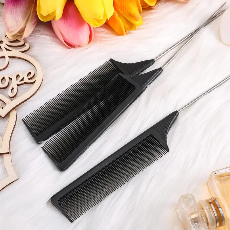 3 Packs Carbon Fiber Rat Tail Combs, Heat-Resistant Teasing & Styling Combs with Stainless Steel Pintail, Durable Hairdressing Hair Tools