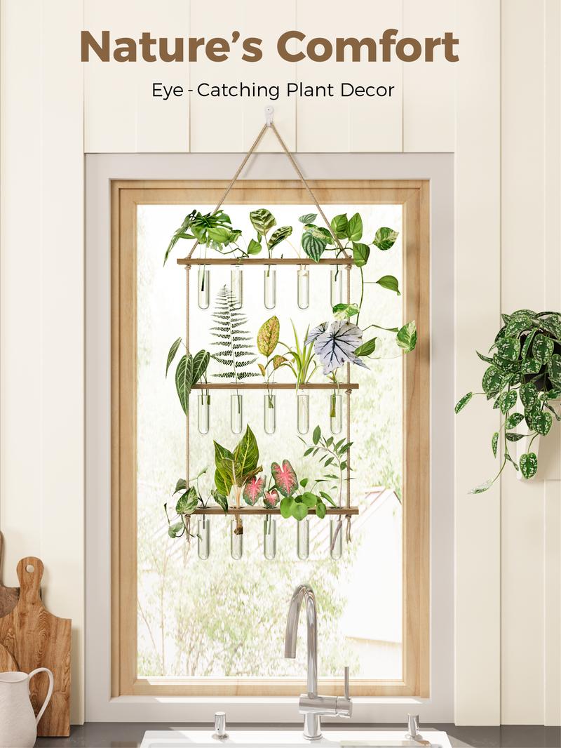 BamWorld Hanging Plant wall planter Propagation Station Glass Terrarium with 3 Tiered Wooden Stand 15 Glass Tubes for Hydroponic Plant Wall Hanging Planter Gift for Plant Lover Home Decor Bedroom Deco