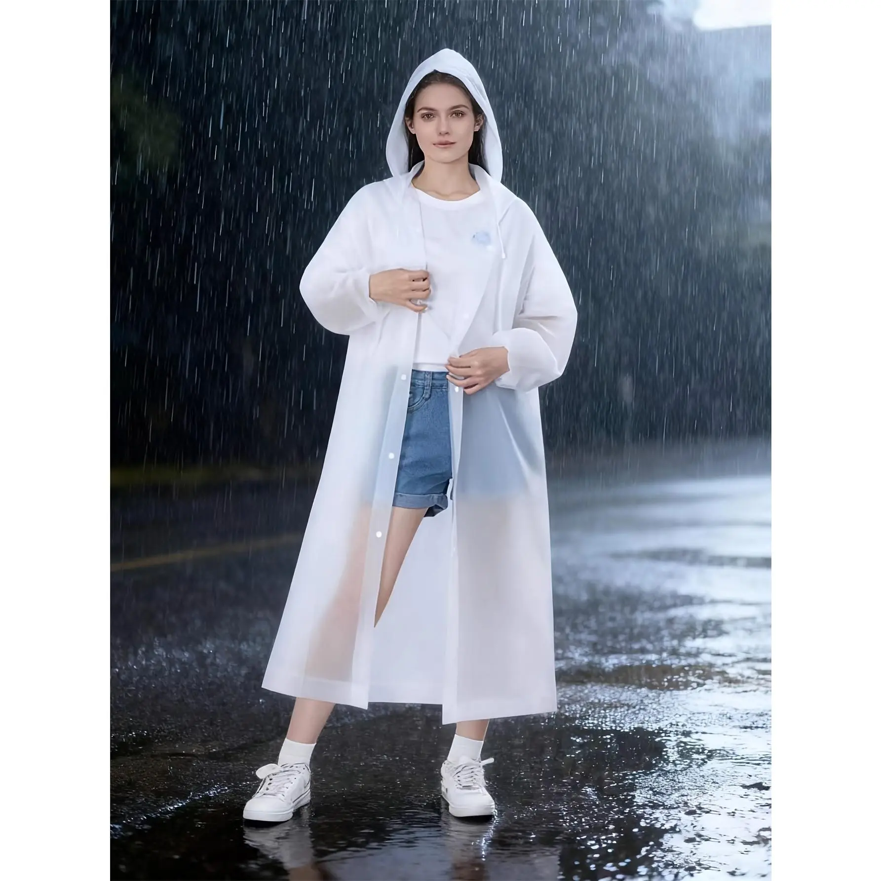 1pc White Thickened Transparent EVA Hooded Full-Body , Portable Outdoor Rain Jacket Long Sleeve Jumpsuit Raincoat Adult Outdoor Riding Fashion Jumpsuit Raincoat Raincoat Adult Fashion Trench Coat Style Raincoat EVA