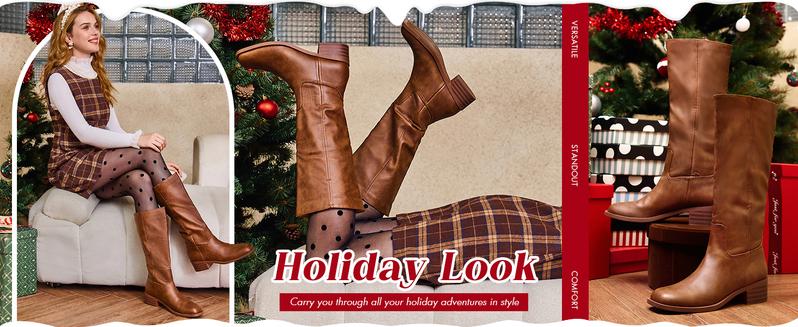 Coutgo Women's Knee High Boots Square Toe Chunky Block Heel Tall Boots Comfortable Low Heel Shoes