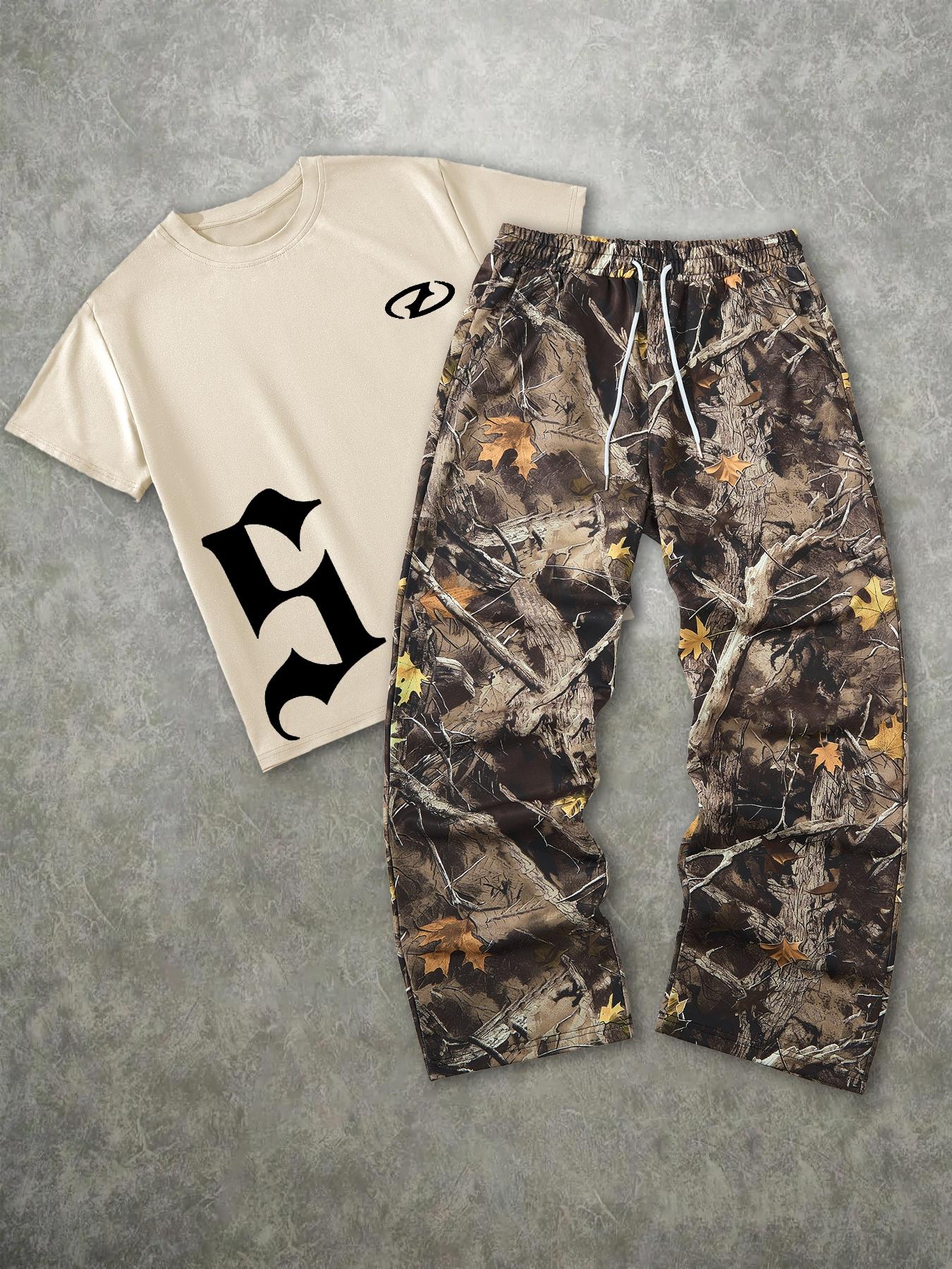 Men's Fashion Street Vintage Camo 2-Piece Set, Letter Print Short Sleeve T-Shirt & Leaf Camo Wide Leg Pants, Outdoor Adventure/street Style