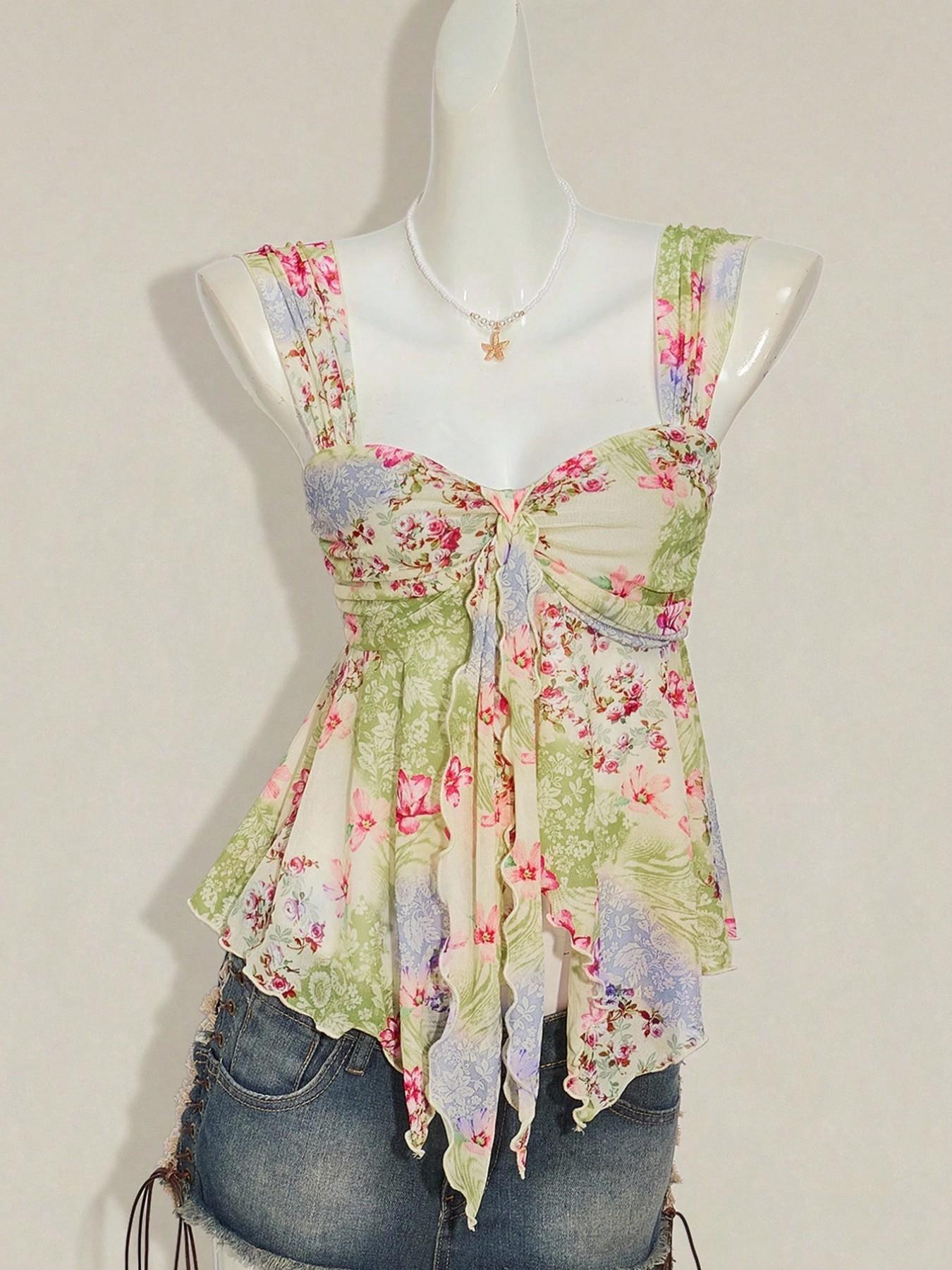 Summer Beach Vacation Floral Mesh Halter Top, Cute Asymmetrical Hem Sleeveless Women's Transparent Shirt, Small Fresh Style