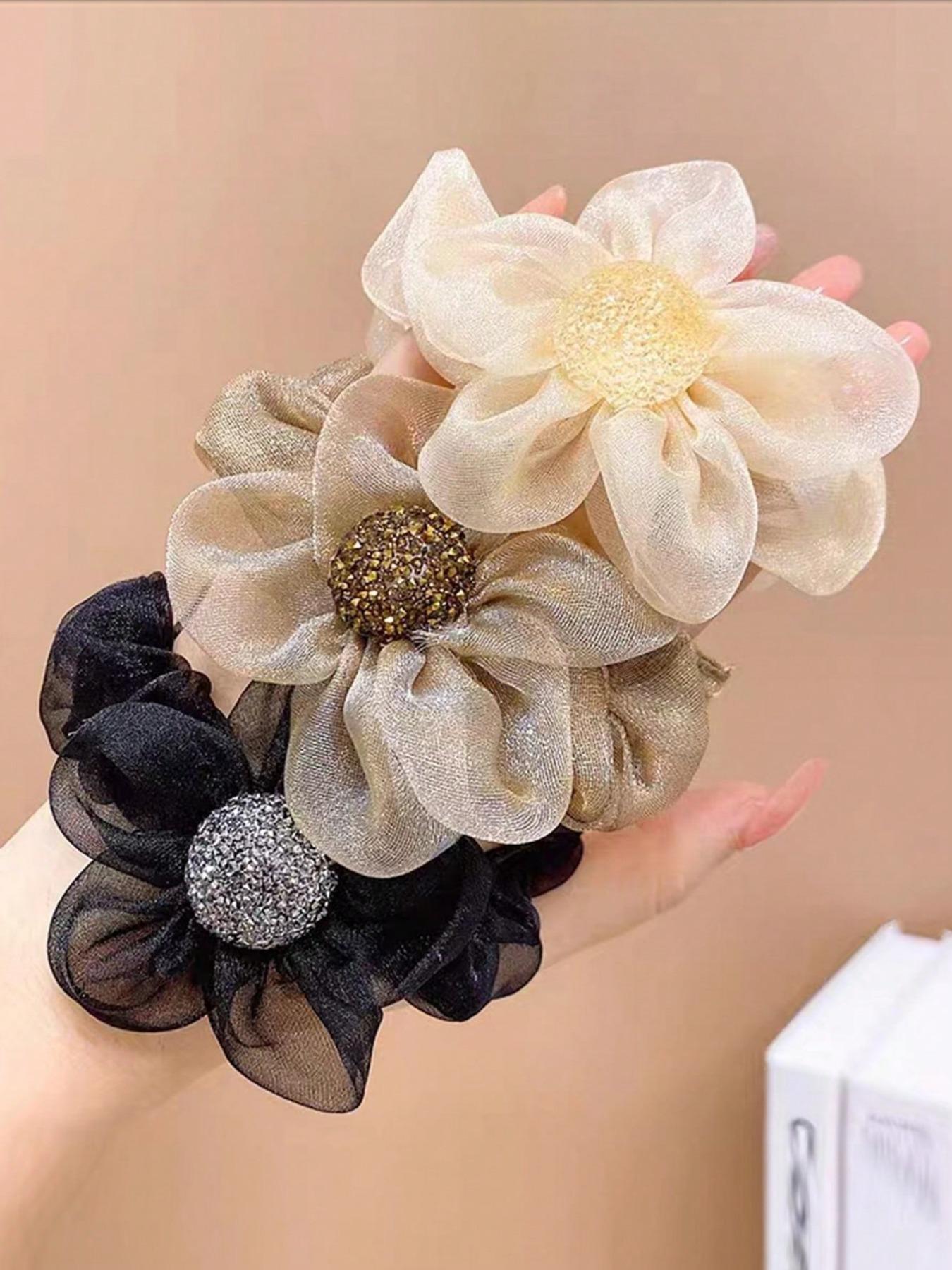 3pcs-Girls-Floral-Hair-Accessories-Set-For-Buns-Including-Beige-Organza-Flower-Hair-Elastic-Brown-Flower-Hair-Clip-And-Black-Hair-Tie-That-Are-Suitable-For-Daily-Life