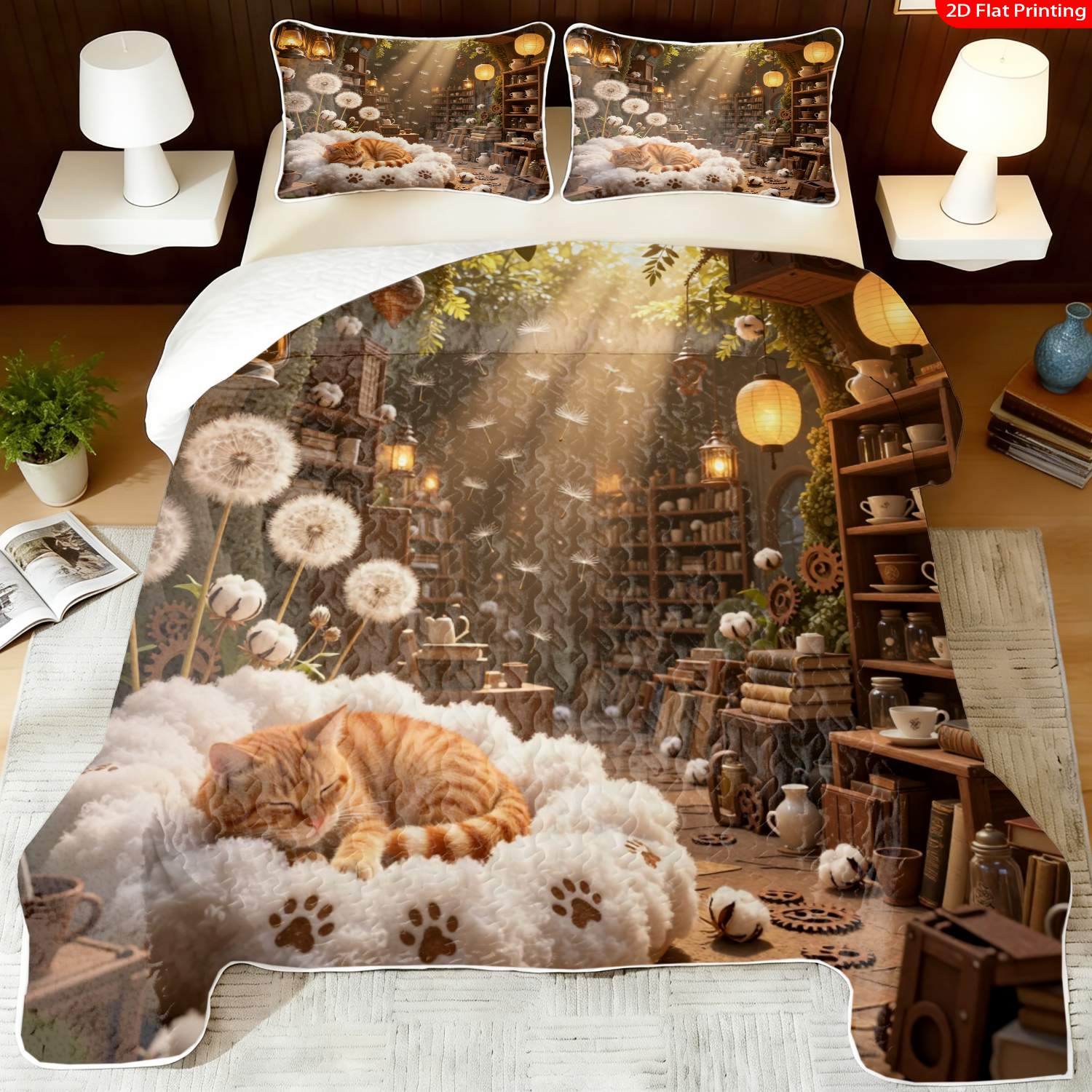 3 pcs, 2D flat print Cozy Cottagecore bed cover set Whimsical Cat & Dandelion, multiple sizes available, bedding set, festive decorative bedding, ideal for bedroom decor(1 bedspread , 2 pillowcases)