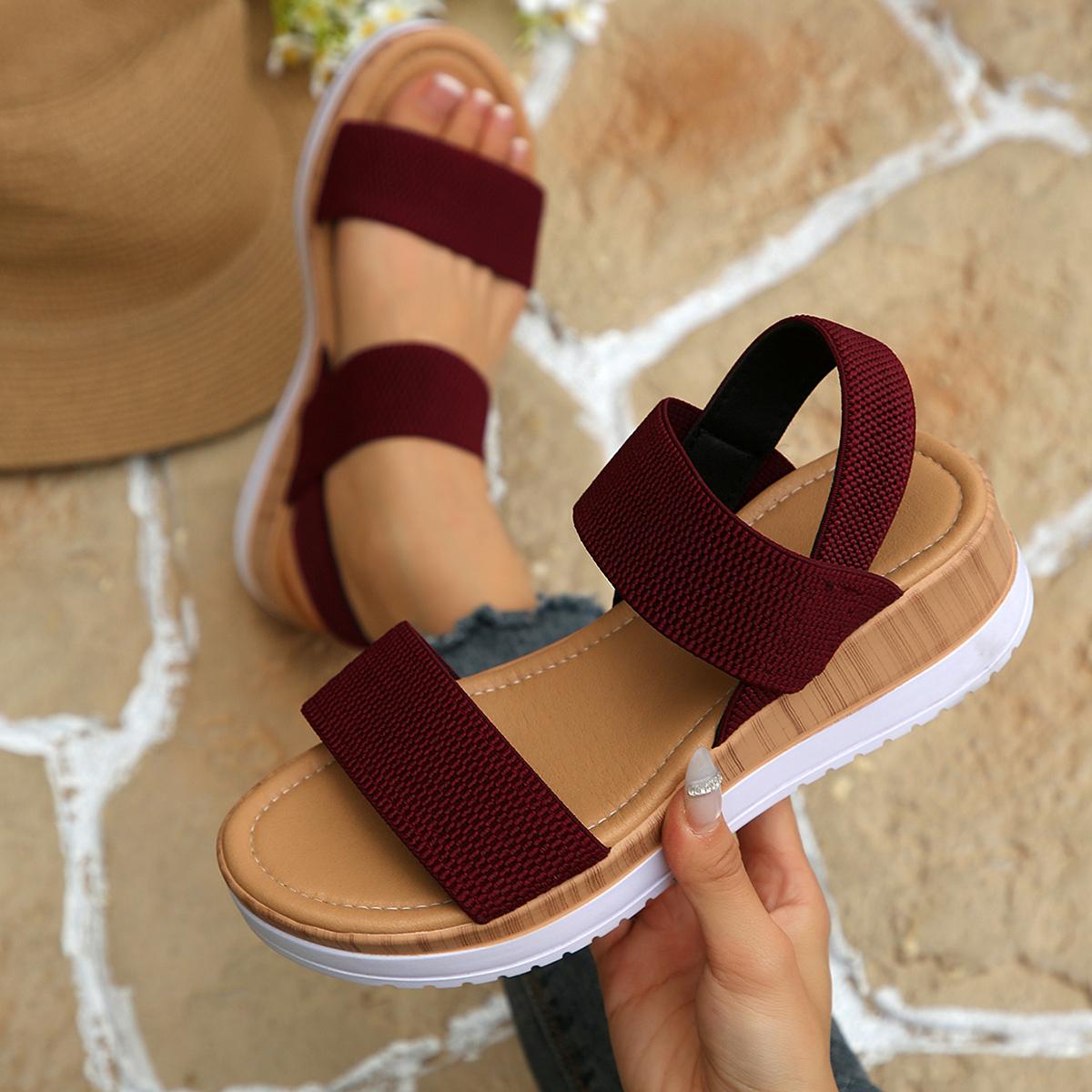 Minimalist Stretchy Strap Slingback Wedge Sandals, Layer Platform Everyday Summer Footwear for Women, Strappy Wedge Sandals