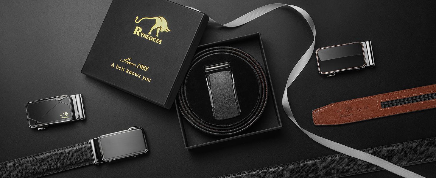 RYNEOCES Men's Leather Ratchet Belt – Automatic Adjustable Buckle, Casual & Dress Belt, Perfect Gift