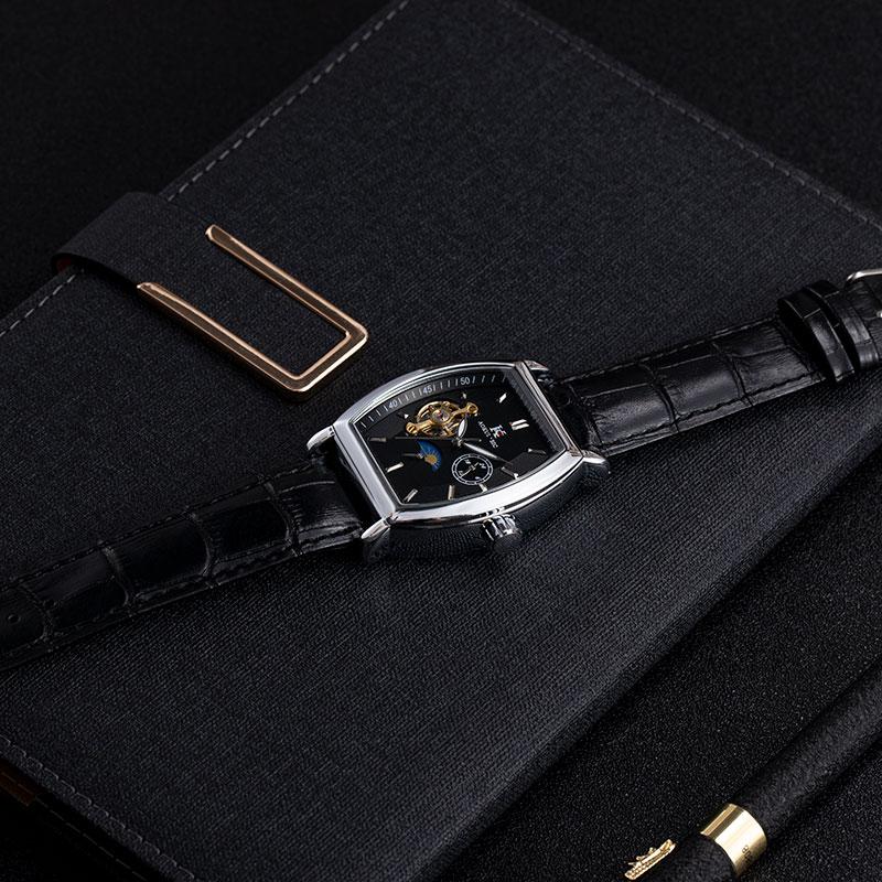 Luxury Automatic Mechanical Watch for Men, Analog Dial, Leather Strap, Moon Phase Display, Minimalist Barrel Design, No Battery Needed