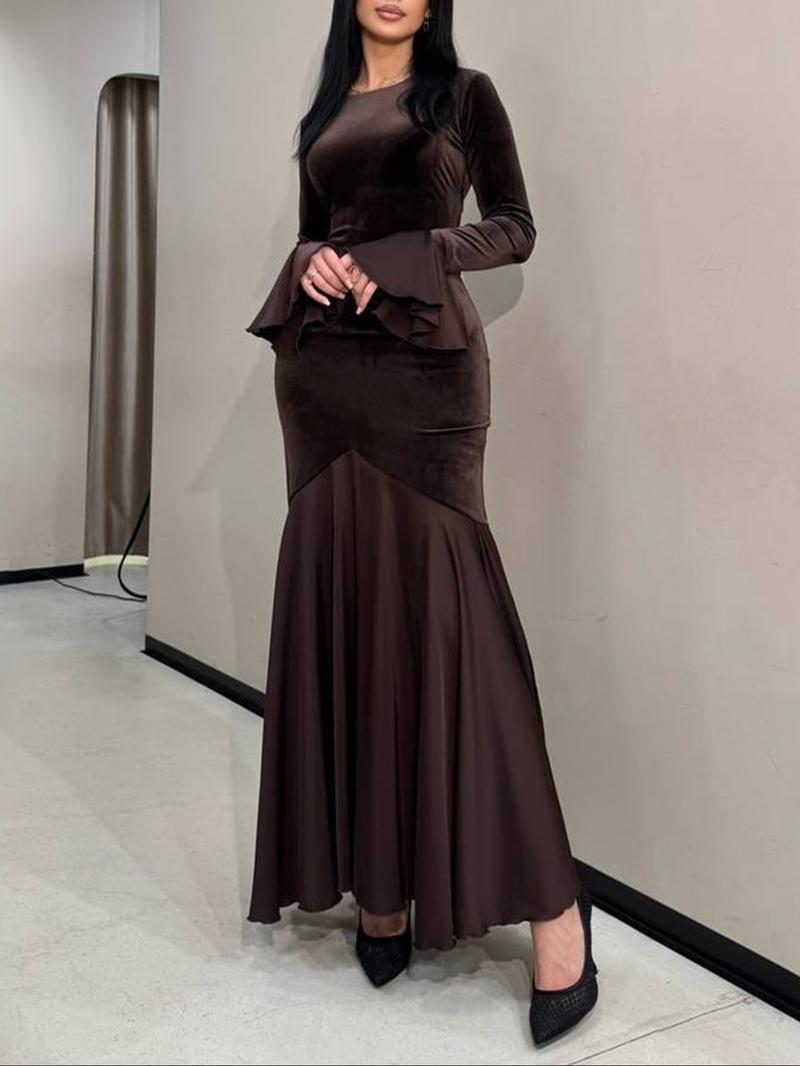 Fashion Elegant Flare Sleeve Lace-Up Bodycon Dress, Long Sleeve Casual Fall Dress, Plain Pattern, Slender-Fitting Design