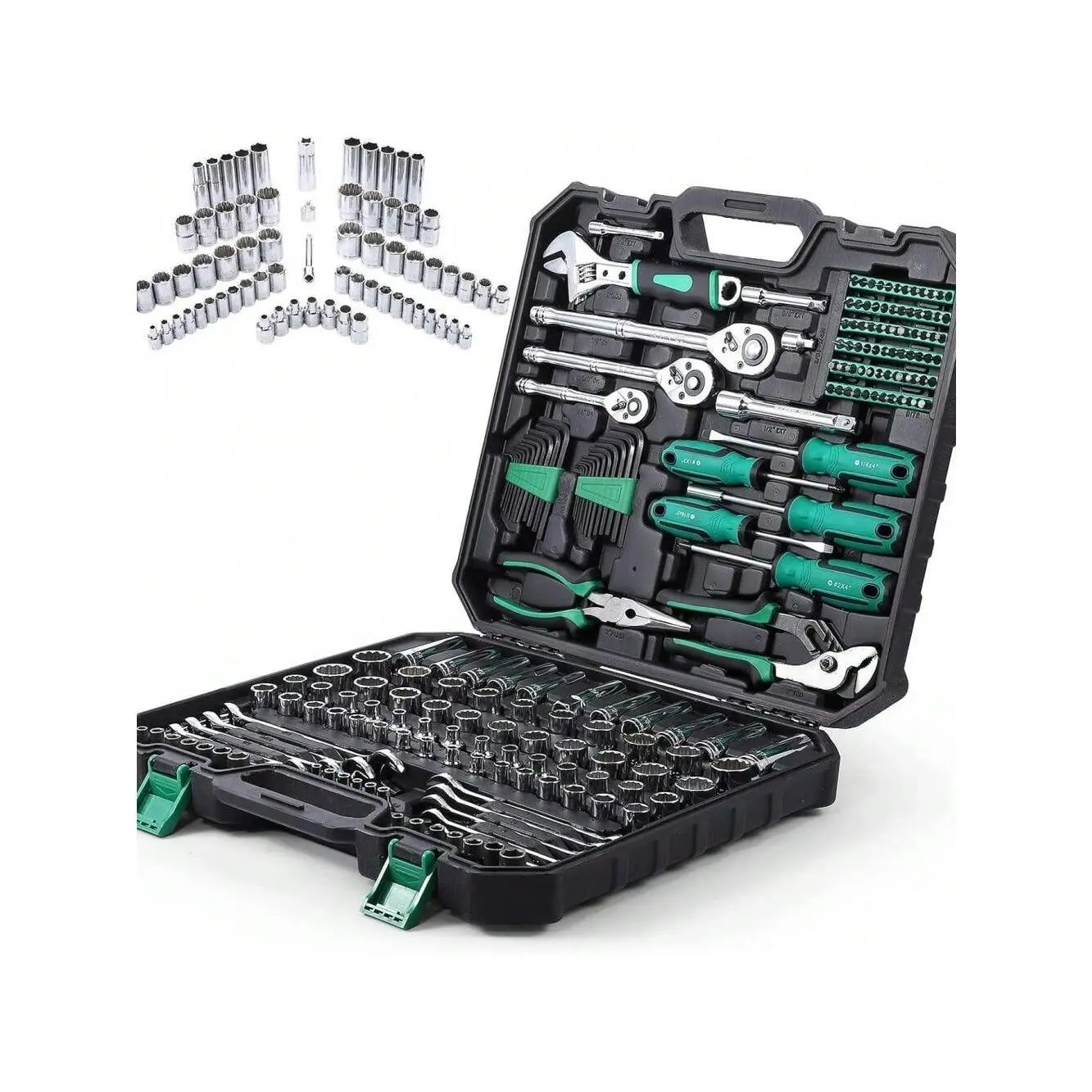 GARVEE 213-Piece Chrome Cr-V Steel Mechanic Tool Set with Anti-Corrosion Protection, Polished Finish SAE/Metric Hand Tools, 18.1" x 8.2" x 3.9" 21 lbs Plastic Storage Case for Basic Vehicle Repairs, Workshop DIY, Combination Wrench Set