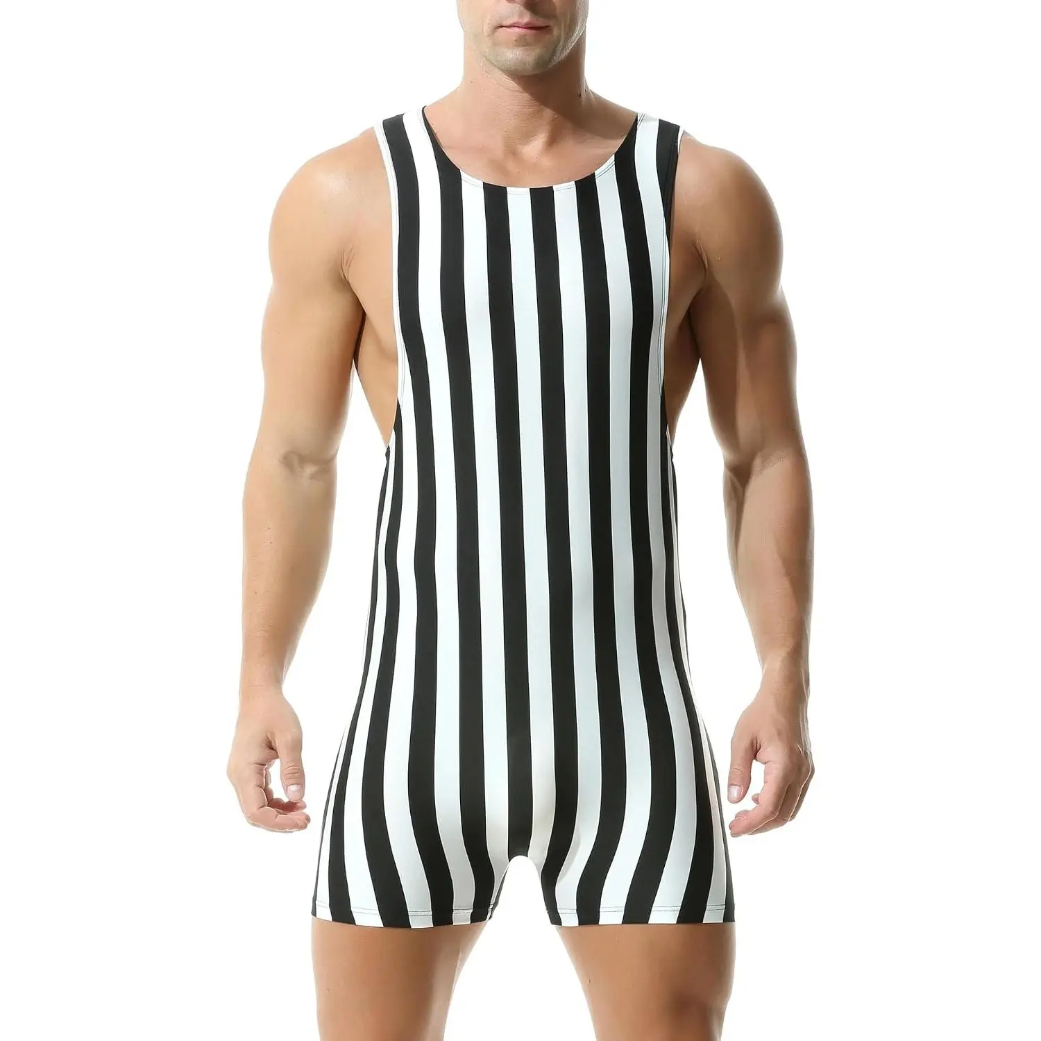 Mens Striped Wrestling Singlet Bodysuit One Piece Swimsuit Stretchy Base Layers Pajamas Leotard Athletic Jumpsuit