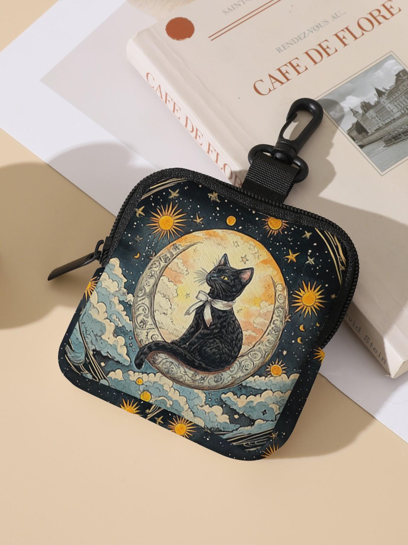 Cat Pattern Printed Coin Wallet, Multifunctional Storage Bag, Durable Polyester, Digital Printing, Key Card Holder, Ideal Gift