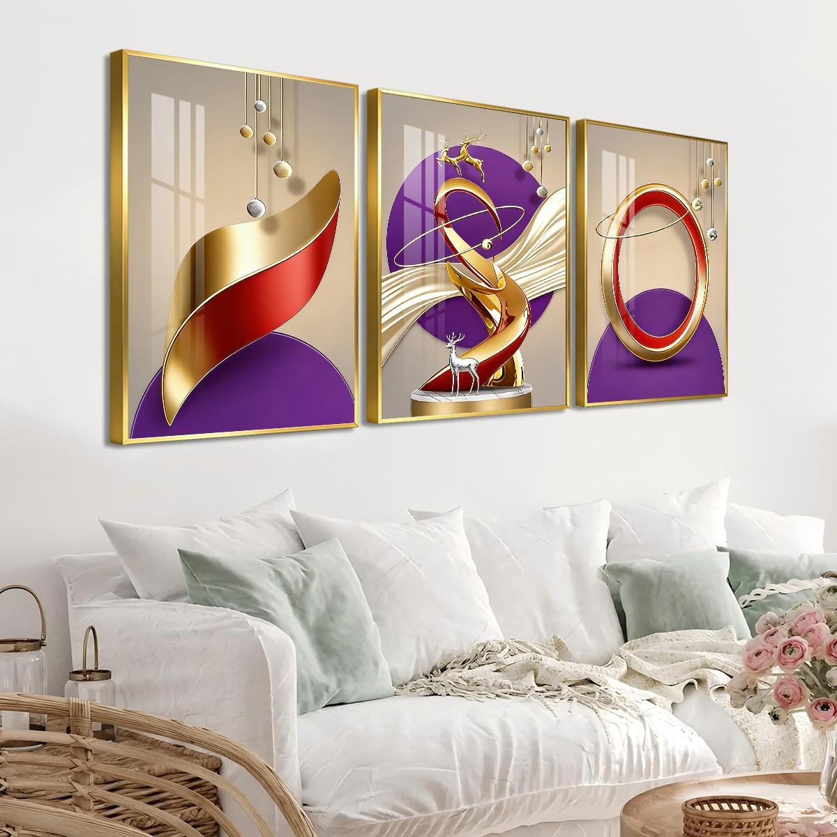 3 Counts Aluminum Alloy Framed Painting, Abstract Golden And Red Geometric Shapes With Deer Pictures, Home Decoration For Living Room, Bedroom, Office, Restaurant, Hallway Wall Decor, Odorless Print Artwork, Luxury Perfect Gift For Friends And Family