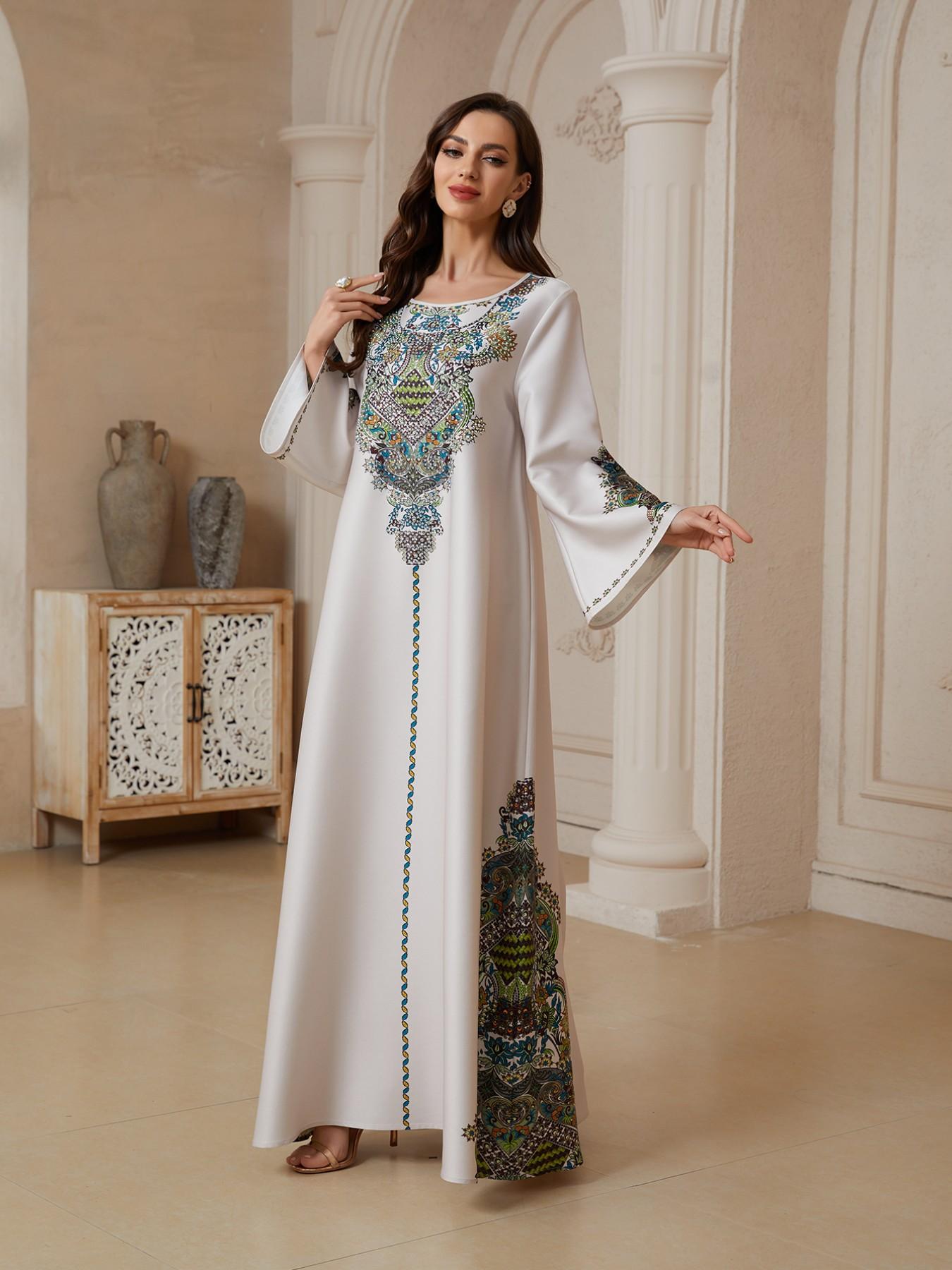 Women's Retro Totem Coconut Flower Print Robe, Dubai Style Kaftan Evening Gown, Eid Al-Fitr Festival Abaya, Traditional Middle Eastern Dress