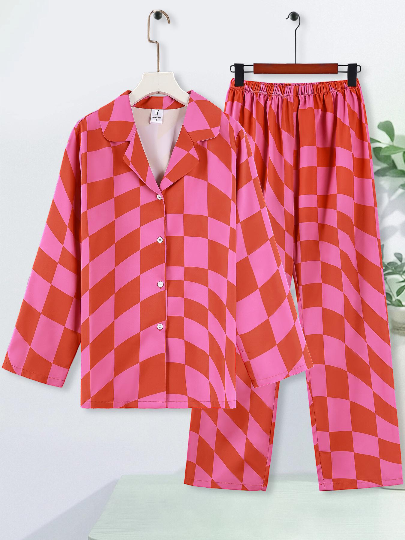 Women's Plaid Print Lapel Collar Button Front Shirt & Elastic Waist Pants Loungewear Set, Comfort Long Sleeve Top & Trousers PJ Set, Women's Sleepwear For Spring & Fall